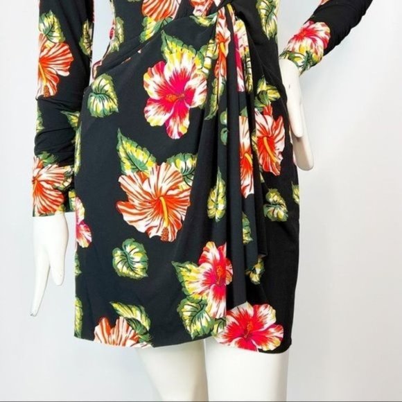 LE SUPERBE V Neck Floral Long Sleeve BODY CON Sexy Mini Dress - Picture 10 of 16